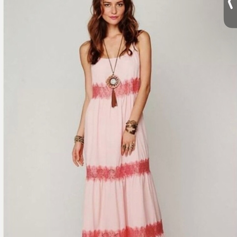 Free People Boho Pink lace insert Maxi Dress in XS